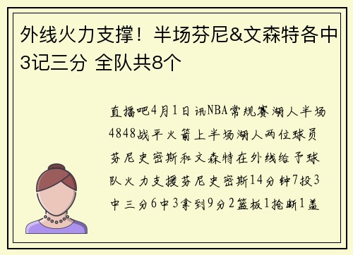 外线火力支撑！半场芬尼&文森特各中3记三分 全队共8个