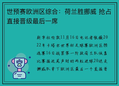 世预赛欧洲区综合：荷兰胜挪威 抢占直接晋级最后一席